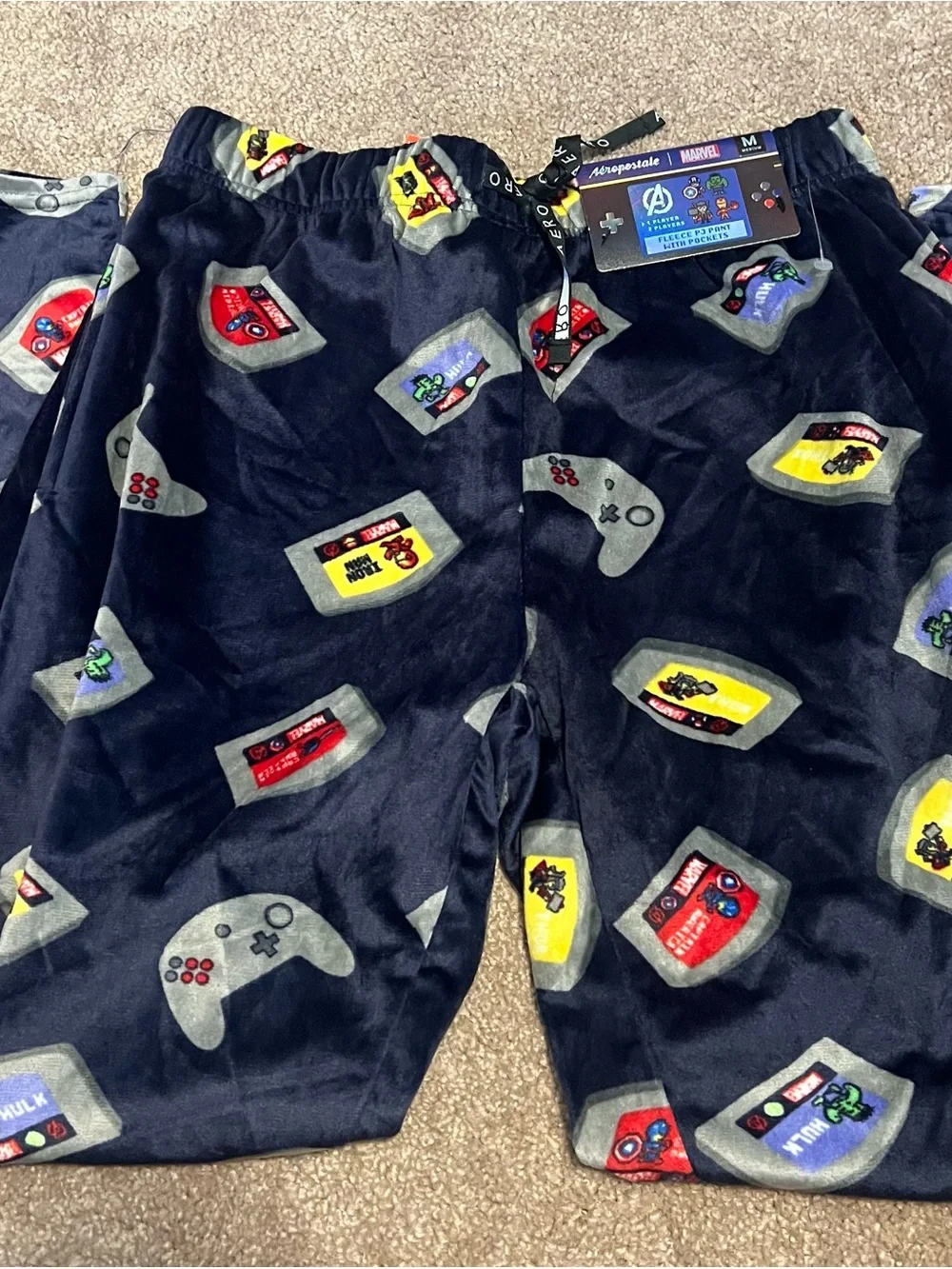 Aeropostale Navy Marvel Retro Game Fleece Pajama Pants with Character Icons